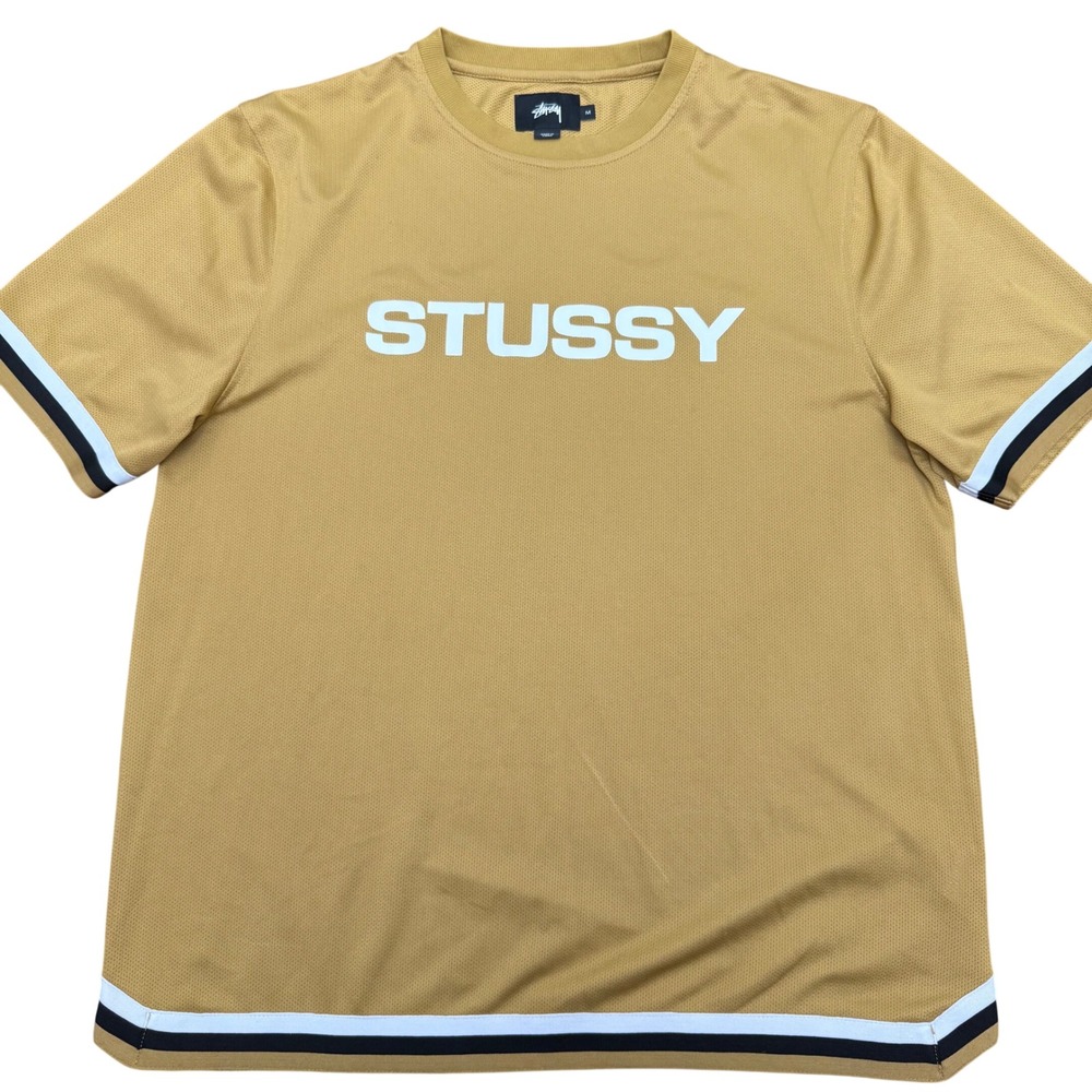Stussy Mesh Jersey Shirt Mens Medium Gold Logo Striped Ribbed Tee 114865